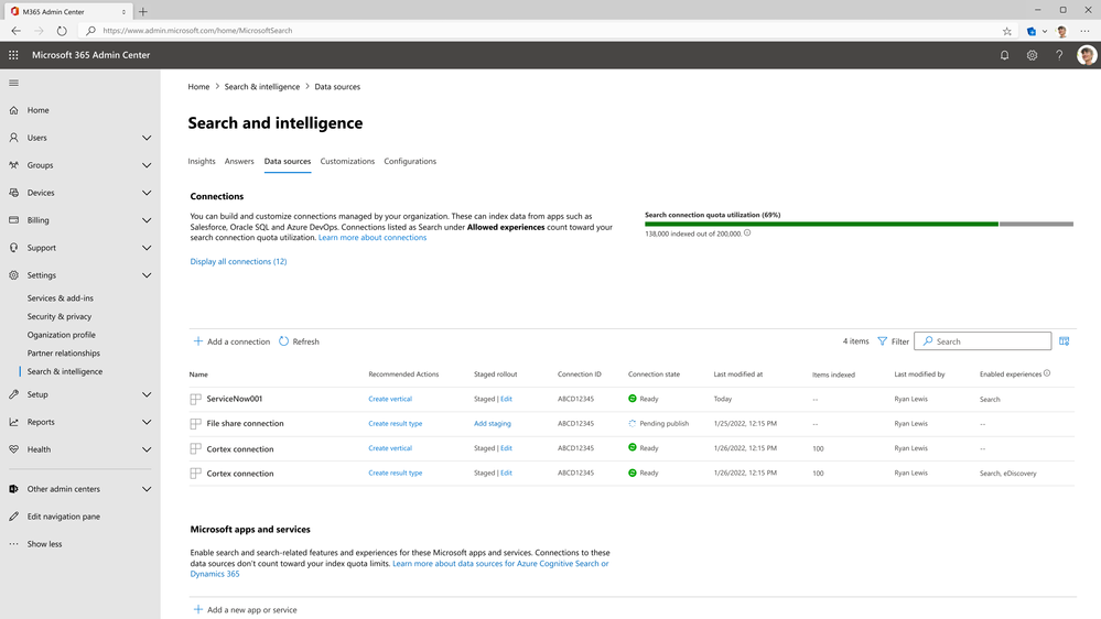 Data sources tab in Search and intelligence