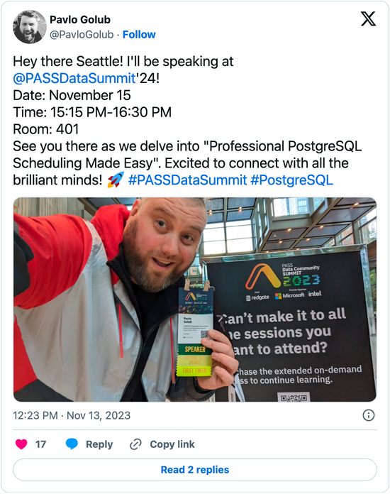Figure 4 screenshot of Pavlo Golub tweet arriving at PASS Data Summit 2023