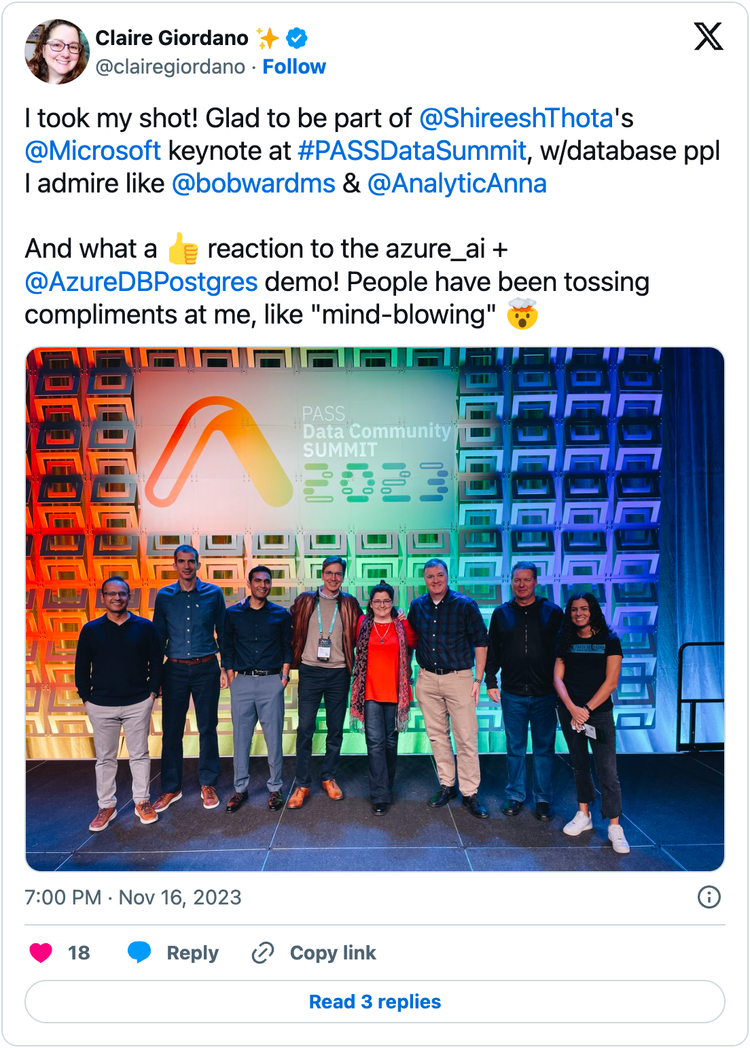 Figure6-screenshot-clairegiordano-tweet-of-Microsoft-team-on-keynote-stage-at-PASSDataSummit-2023.png