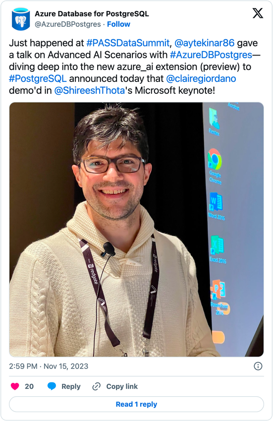 Figure7-screenshot-AzureDBPostgres-tweet-of-Arda-Aytekin-giving-AI-talk-at-PASSDataSummit-2023.png