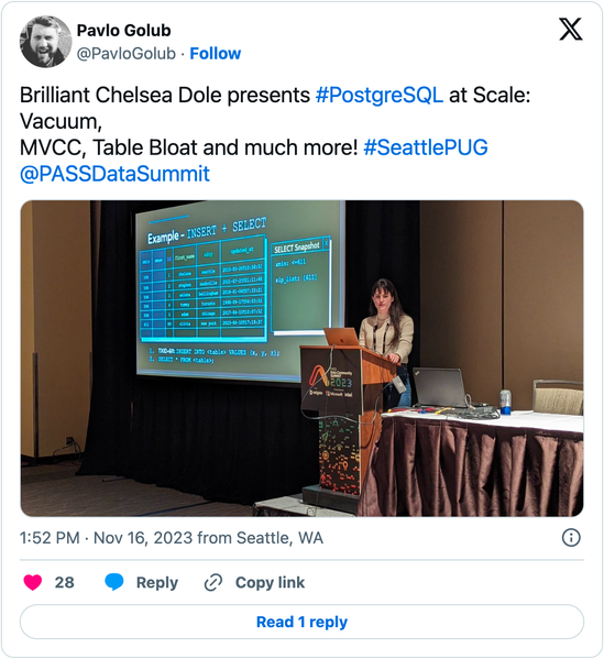 Figure14-screenshot-clairegiordano-tweet-of-Chelsea-Dole-on-stage-at-PASSDataSummit-2023.png