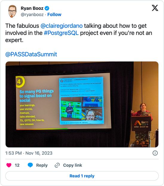 Figure15-screenshot-ryanbooz-tweet-of-Claire-Giordano-giving-talk-at-PASSDataSummit-2023.png