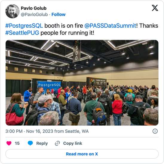 Figure17-screenshot-PavloGolub-tweet-of-PostgreSQL-booth-at-PASSDataSummit-2023.png