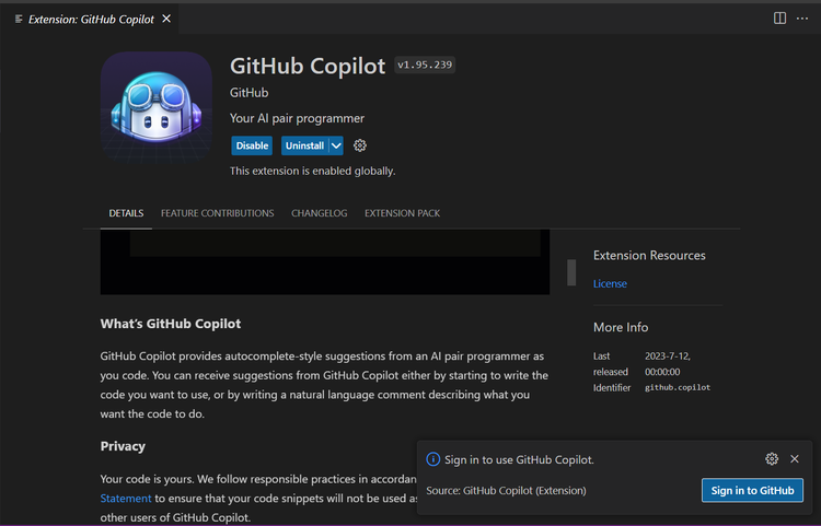 Installing GitHub Copilot extension in Azure Data Studio