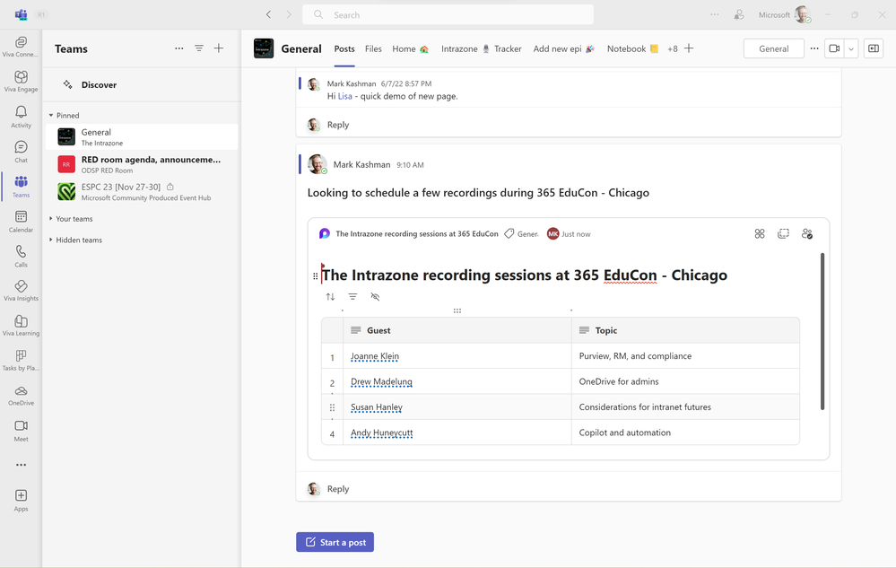 Microsoft Loop component in a Teams channel post (which then gets stored in the group-connected SharePoint team site).