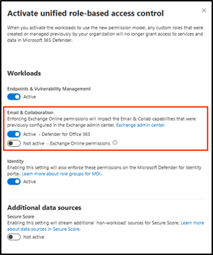 Image 1: A new activation toggle for activating unified RBAC for Exchange Online (EXO) permissions in Defender for Office 365.